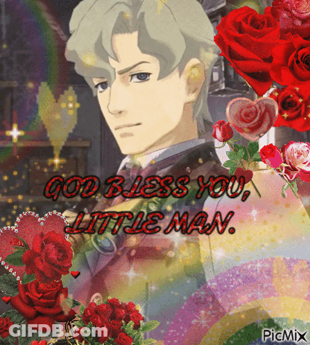 A Picture Of A Man Surrounded By Red Roses With The Words God Bless You Little Man GIF