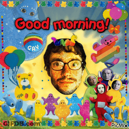 A Picture Of A Man Surrounded By Stuffed Animals And Balloons Says Good Morning GIF