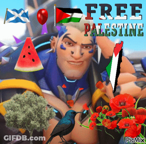 A Picture Of A Man Surrounded By Watermelon And Flowers With The Caption Free Palestine GIF