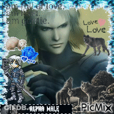 A Picture Of A Man Surrounded By Wolves With The Words Love Love On The Bottom GIF