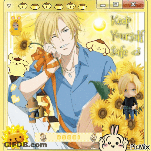A Picture Of A Man Surrounded By Yellow Flowers With The Words Keep Yourself Safe GIF