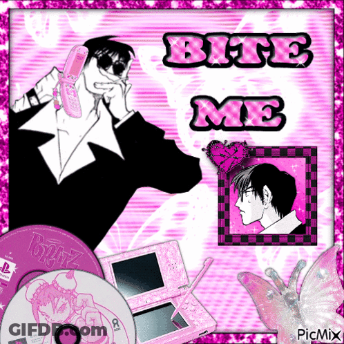 A Picture Of A Man Talking On A Phone With The Words Bite Me GIF