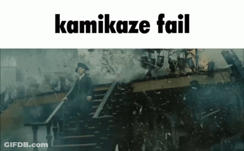 A Picture Of A Man Walking Down Stairs With The Words Kamikaze Fail Above Him GIF