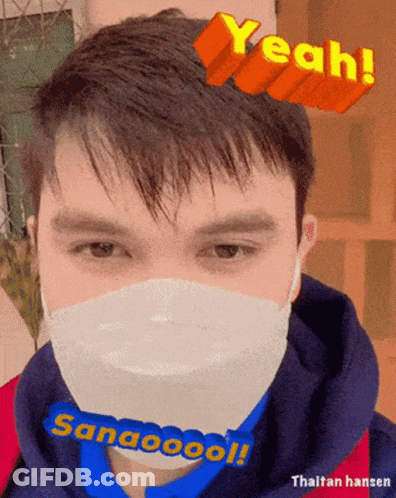 A Picture Of A Man Wearing A Face Mask With Yeah Written On Top GIF