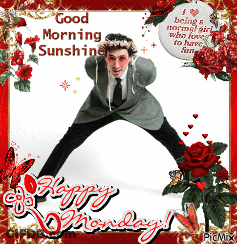 A Picture Of A Man Wearing A Flower Crown With The Words Good Morning Sunshine GIF