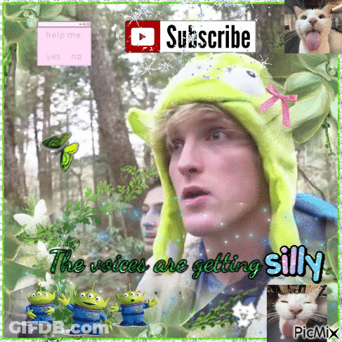 A Picture Of A Man Wearing A Green Hat With The Words " The Voices Are Getting Silly " GIF