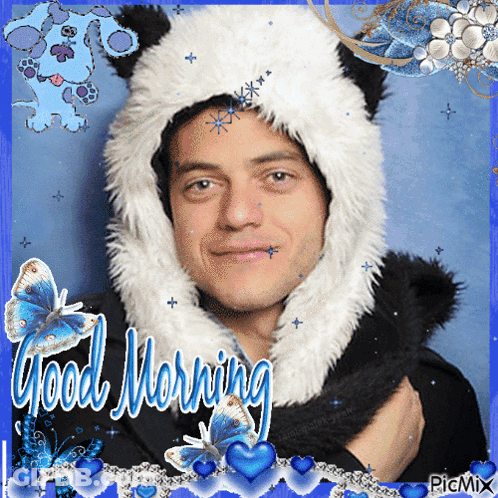 A Picture Of A Man Wearing A Panda Hat With The Words Good Morning Written On It GIF