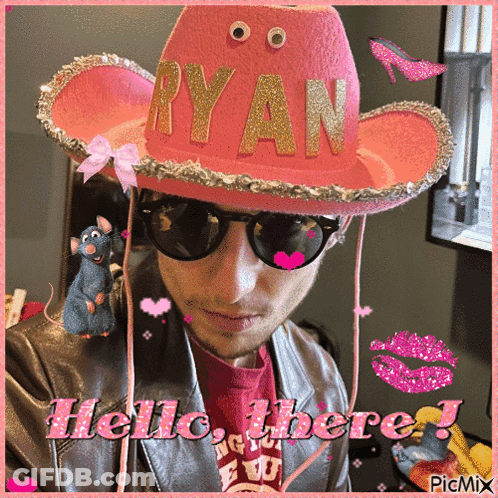 A Picture Of A Man Wearing A Pink Cowboy Hat That Says Ryan GIF