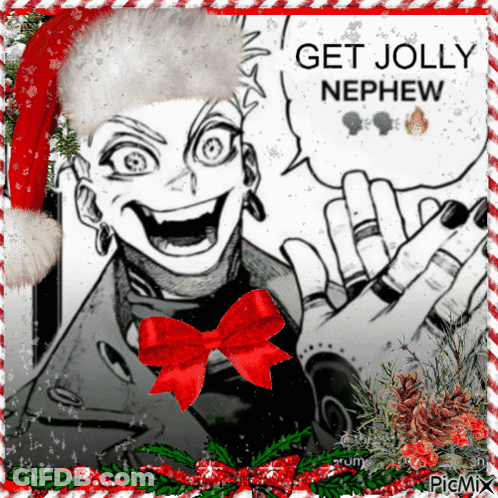 A Picture Of A Man Wearing A Santa Hat With The Words Get Jolly Nephew GIF