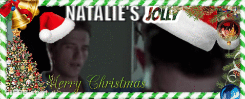 A Picture Of A Man Wearing A Santa Hat With The Words Natalie 'S Jolly Merry Christmas On It GIF