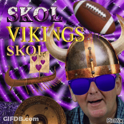 A Picture Of A Man Wearing A Viking Helmet And Sunglasses With The Words Skol Vikings In The Background GIF