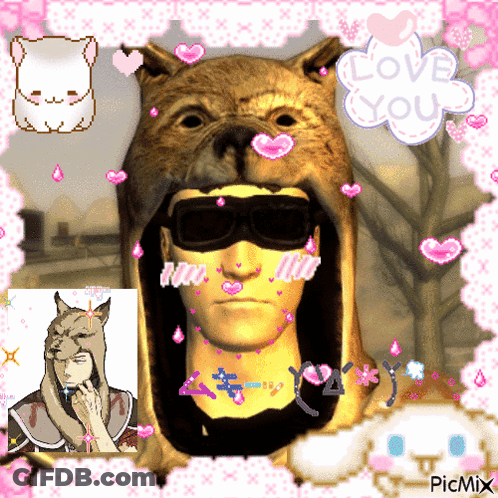 A Picture Of A Man Wearing A Wolf Hat And Sunglasses With The Words Love You In The Background GIF