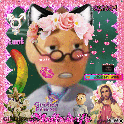 A Picture Of A Man Wearing Glasses And A Flower Crown With The Words Malewife On It GIF
