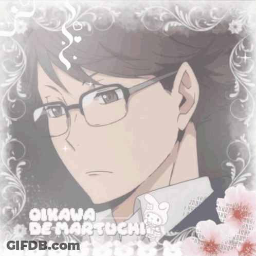 A Picture Of A Man Wearing Glasses And The Name Oikawa Demartuchi GIF