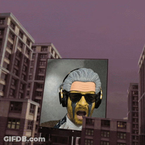 A Picture Of A Man Wearing Headphones And Sunglasses With A Purple Sky In The Background GIF