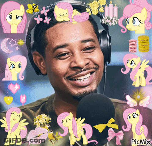 A Picture Of A Man Wearing Headphones And Surrounded By Pink Ponies With The Words Picmix At The Bottom GIF
