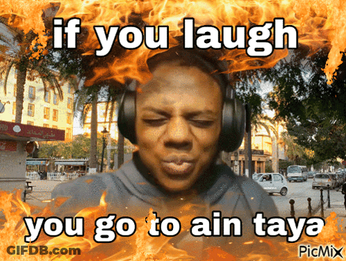 A Picture Of A Man Wearing Headphones With The Words If You Laugh You Go To Ain Taya On It GIF