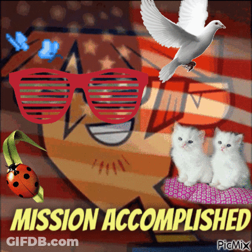 A Picture Of A Man Wearing Sunglasses And Two Kittens With The Words Mission Accomplished GIF