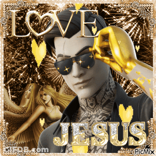 A Picture Of A Man Wearing Sunglasses With The Word Jesus On It GIF