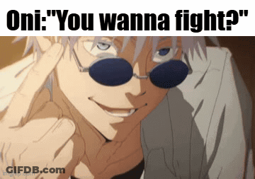 A Picture Of A Man Wearing Sunglasses With The Words " Oni : You Wanna Fight ? " Above Him GIF