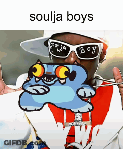 A Picture Of A Man Wearing Sunglasses With The Words Soulja Boys GIF