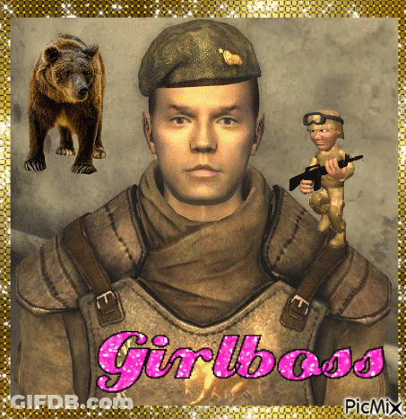 A Picture Of A Man With A Bear And The Words Girlboss GIF