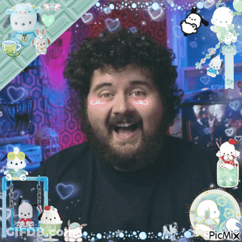 A Picture Of A Man With A Beard And Curly Hair Is Surrounded By Hearts And Animals And Has The Hashtag Picmix GIF