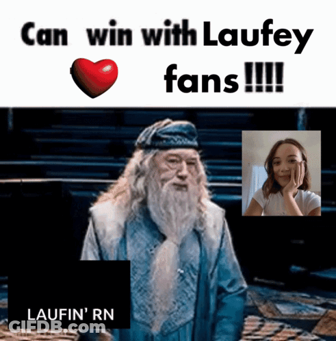 A Picture Of A Man With A Beard And The Words " Can Win With Laufey Fans " GIF