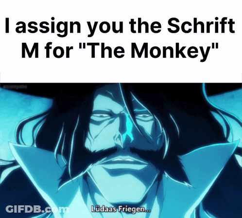 A Picture Of A Man With A Beard And The Words " I Assign You The Schrift M For The Monkey " GIF