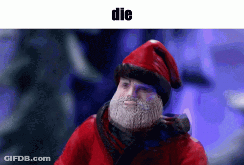 A Picture Of A Man With A Beard Wearing A Santa Hat With The Word Die Below It GIF