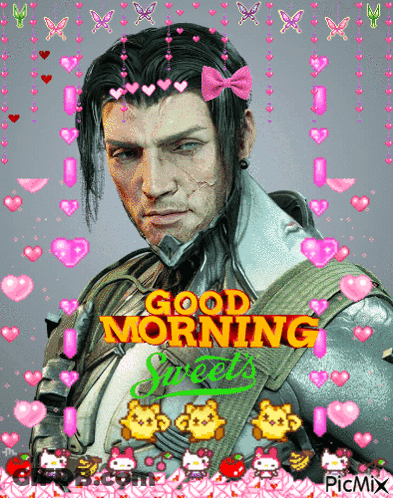 A Picture Of A Man With A Bow In His Hair And The Words Good Morning Sweets GIF