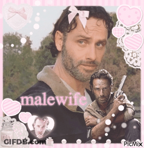 A Picture Of A Man With A Bow In His Hair And The Words Malewife GIF