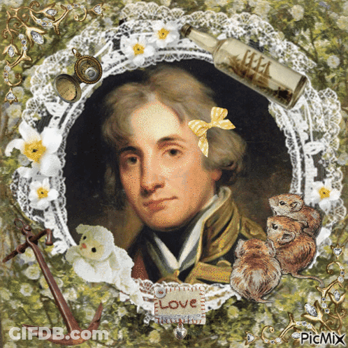 A Picture Of A Man With A Bow In His Hair Is Surrounded By Flowers And A Bottle That Says " Love " GIF