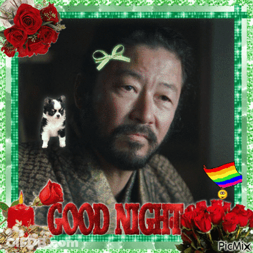 A Picture Of A Man With A Bow On His Head And The Words Good Night GIF