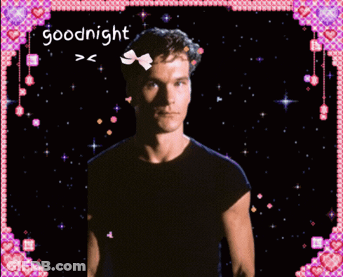 A Picture Of A Man With A Bow On His Head And The Words Goodnight Written Above Him GIF