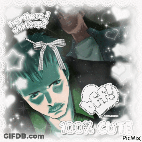 A Picture Of A Man With A Bow On His Head And The Words Hey There What 'S Up 100 % Cute GIF