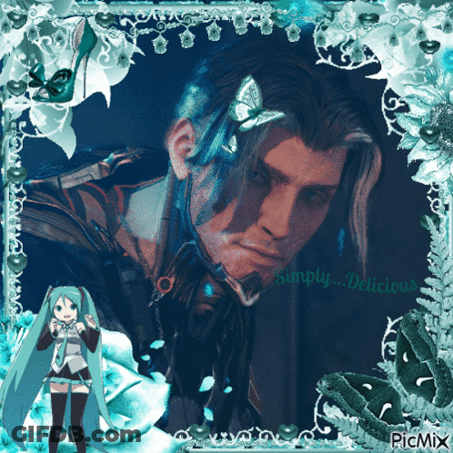 A Picture Of A Man With A Butterfly In His Hair Is Surrounded By Flowers And Says Simply Delicious GIF