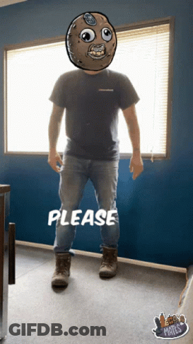 A Picture Of A Man With A Cartoon Face On His Head And The Words Please Below Him GIF