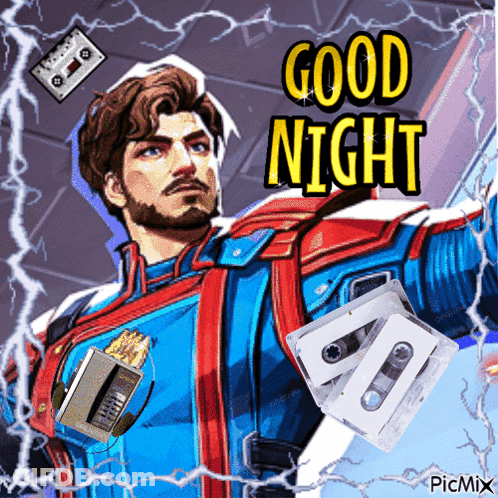 A Picture Of A Man With A Cassette Tape And The Words Good Night GIF