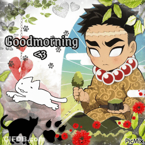 A Picture Of A Man With A Cat And The Words Good Morning GIF