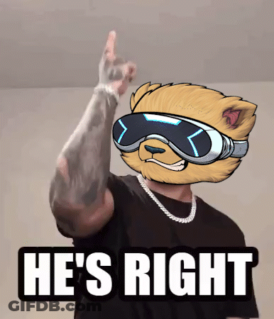 A Picture Of A Man With A Cat Head And The Words He 'S Right Below Him GIF
