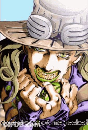 A Picture Of A Man With A Cowboy Hat And Goggles With The Words Code Rivers Got Me Geeked GIF