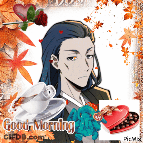 A Picture Of A Man With A Cup Of Coffee And A Box Of Chocolates Says Good Morning GIF