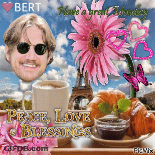 A Picture Of A Man With A Cup Of Coffee And Croissants Says Bert Have A Great Monday GIF