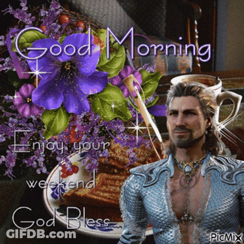 Man With Coffee And Flowers Saying Good Morning GIF