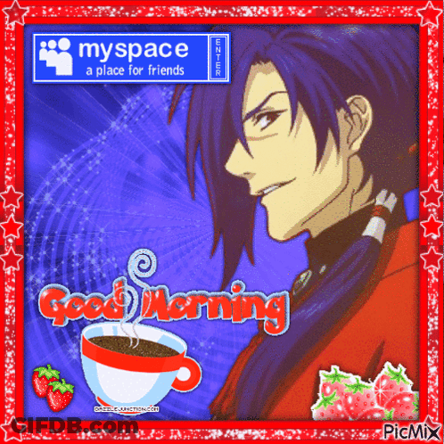 A Picture Of A Man With A Cup Of Coffee And Strawberries Says Good Morning GIF