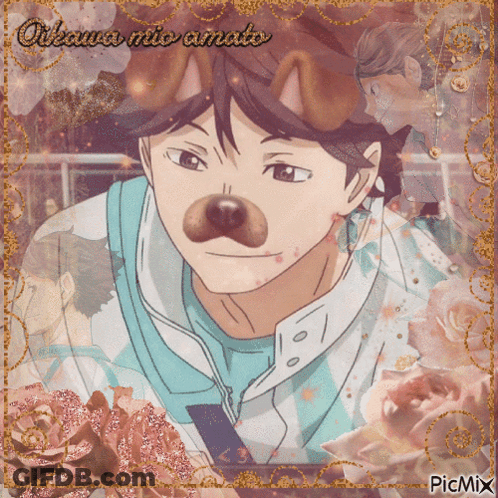A Picture Of A Man With A Dog 'S Nose And The Words Oikawa Mio Amato On The Bottom GIF