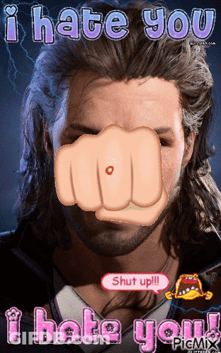 A Picture Of A Man With A Fist And The Words " I Hate You " On The Bottom GIF