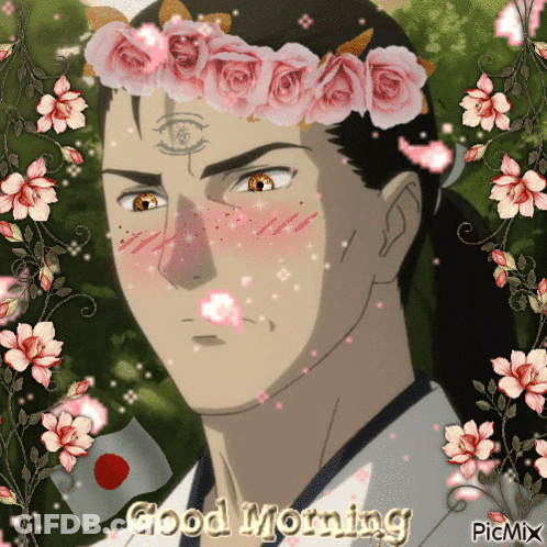 A Picture Of A Man With A Flower Crown And The Words Good Morning GIF
