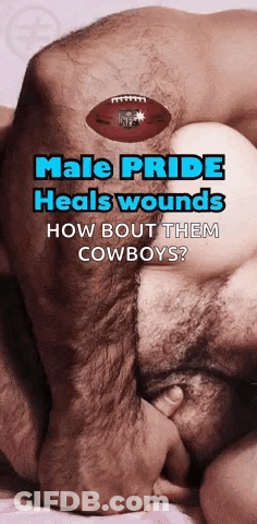 A Picture Of A Man With A Football On His Chest And The Words Male Pride Heals Wounds How Bout Them Cowboys GIF